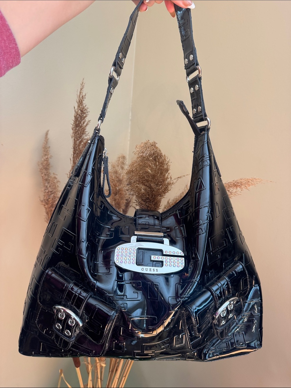 GUESS Glossy Black Patent Hobo with Crystal Buckle
